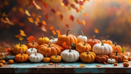 Thanksgiving with fruits and vegetables arranged on wood during autumn.