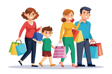 Four family members stroll happily together, each holding shopping bags in vibrant colors, sharing smiles and enjoying a fun day out at the mall.