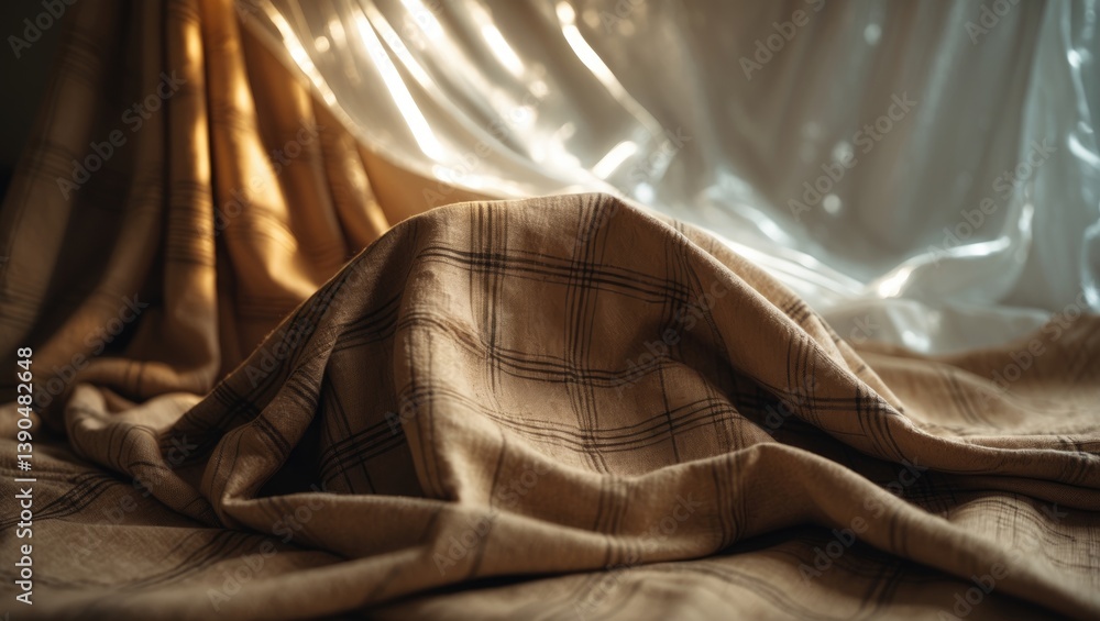Poster textured fabric draped over a concealed shape with a translucent background, lit by sunlight, produc