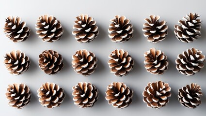 Single decorative pine cone coated in artificial snow, isolated against a backdrop, featuring various perspectives.