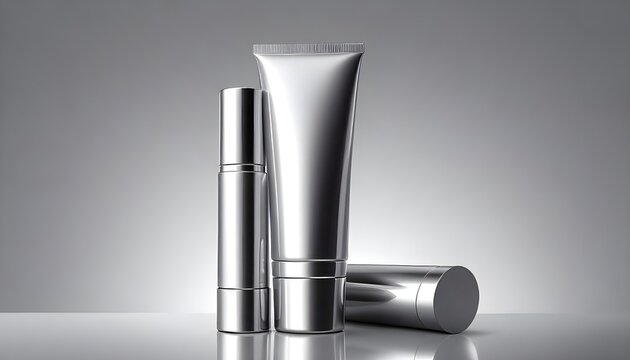 Silver metallic beauty cream tube mockup on clean reflective surface. Modern premium cosmetic packaging template, minimal layout for branding design, soft gradient light and mirror shine