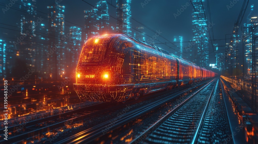 Aufkleber A high tech smart train travels along illuminated rails in a vibrant cityscape at dusk, showcasing the integration of automation and advanced control systems in transportation.