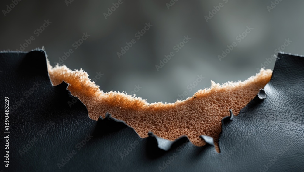 Poster tear lines at the edges until the sponge texture becomes apparent. close-up of a worn and damaged le