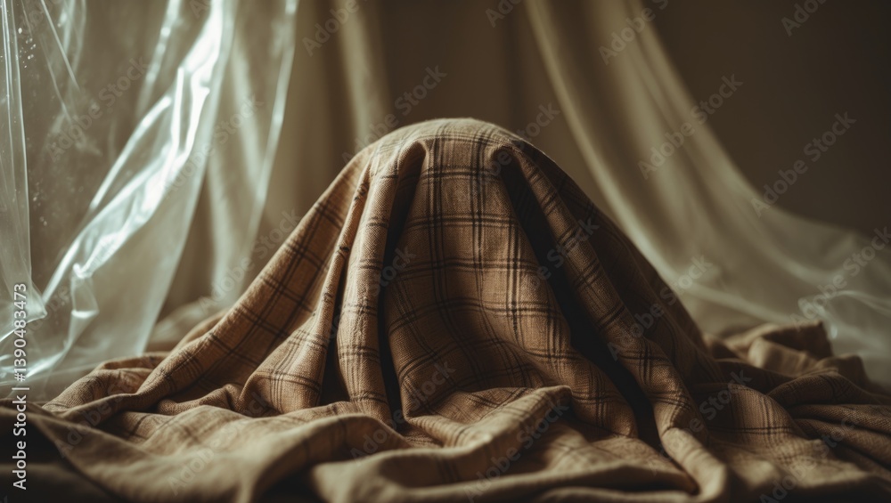 Poster textured fabric draped over an obscured form with a sheer background, lit by sunlight, creating abst