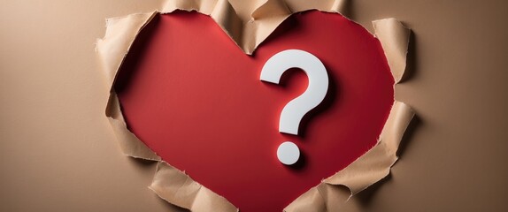 Kraft paper displaying a heart-shaped hole. Within it lies a question mark on a red surface. Concept of problem and solution. Brainstorming session.