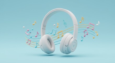 Vibrant music experience with headphones and colorful musical notes