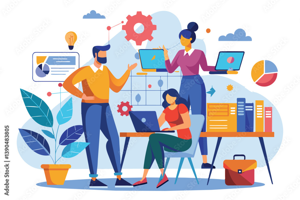 Poster a diverse group of professionals actively engage in brainstorming, using laptops and visual aids, wh