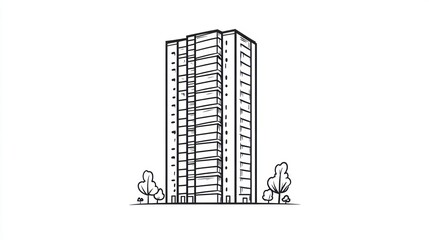 Obraz premium Line drawing of a tall apartment building with trees. Possible use Stock photo for architecture, urban design, or city planning presentations