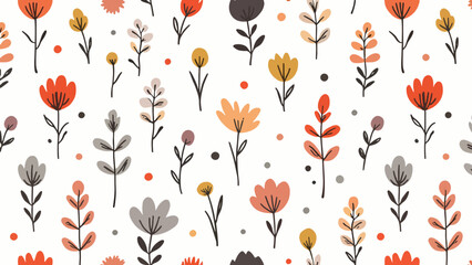 Flowers colorful seamless Pattern. Hand drawn Flowers and branches in Scandinavian style. Cute Spring summer plants botanical Background