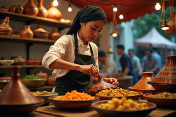 Moroccan woman preparing traditional tajine dish. AI