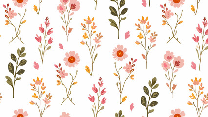Floral colorful seamless Pattern. Hand drawn Flowers and branches in Scandinavian style. Cute Spring summer plants botanical Background