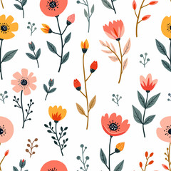 Floral colorful seamless Pattern. Hand drawn Flowers and branches in Scandinavian style. Cute Spring summer plants botanical Background