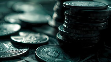 A paper bills or coins representing investments, stacked or scattered together, a dark background, Generative AI illustrations.