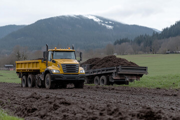 Obraz premium Autumn pumpkin harvest underway on a rural farm with tractors and fields