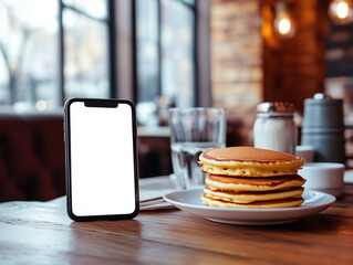 Blank smartphone screen for your message, with a stack of pancakes in a cozy breakfast restaurant diner setting