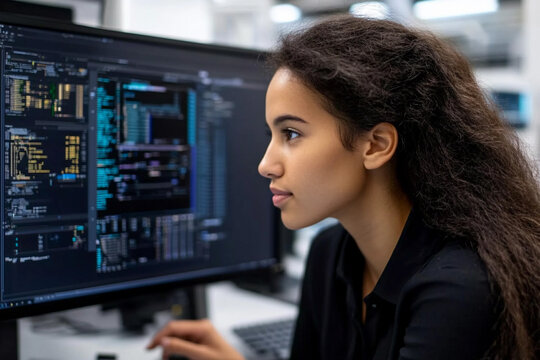 Quality control specialist examines software code on computer screens during a technical evaluation in a modern office environment