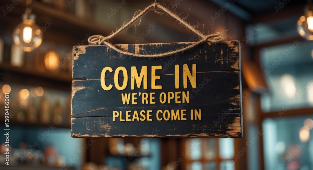 Poster text on retro black sign stating come in we're open in cafã©.