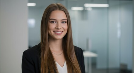 Fototapeta premium Professional young woman smiling in modern office setting for business and corporate concepts