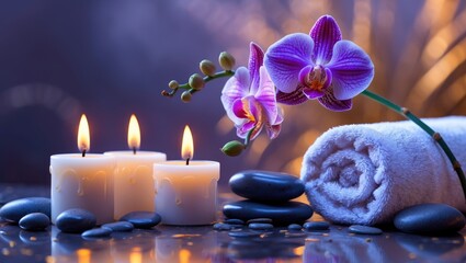 Still life in a spa featuring aromatic candles, a flower, and a towel.