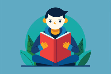 A young boy sits cross-legged, deeply engaged in reading a bright red book, surrounded by lush green leaves against a calming blue backdrop, embodying a love for learning.