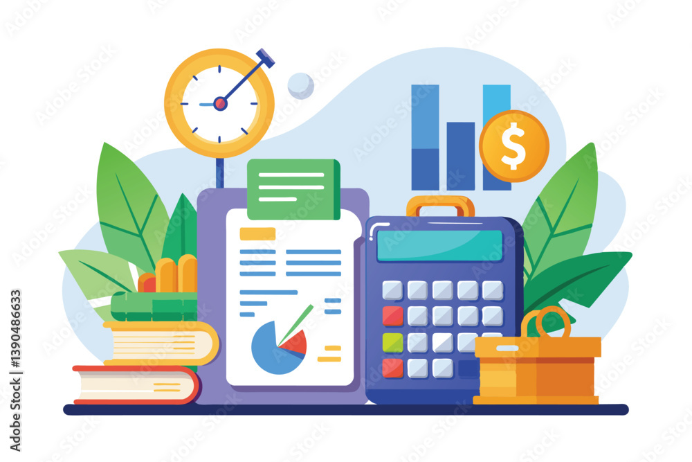 Poster a workspace displays financial tools, documents, and graphs, accompanied by books and greenery, crea