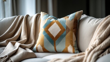 Textured lumbar pillow on sofa, contemporary woven pattern