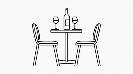 Simple outline drawing of a dining table and chairs with wine.  Possible use Restaurant menu or website background