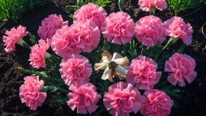 Abundant blooming of the delicate pink carnation in the flowerbed.
