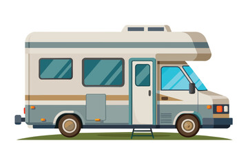 A classic recreational vehicle stands parked on lush green grass, showcasing its spacious design and inviting charm in bright summer sunlight, perfect for road trips.