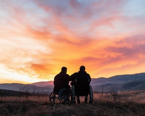 Fototapeta premium Two individuals in wheelchairs enjoy a vibrant sunset, symbolizing companionship and resilience against a beautiful natural backdrop.