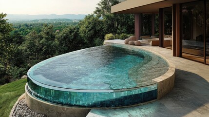 Fototapeta premium Serene Infinity Pool Overlooking Lush Green Landscape at Stunning Modern Residence
