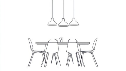 Dining room interior line drawing, simple design, minimalist, modern