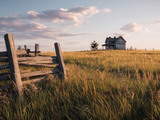 A rustic wooden fence leads to an isolated house on a grass-covered landscape under a blue sky with scattered clouds, capturing a serene rural scene bathed in warm light