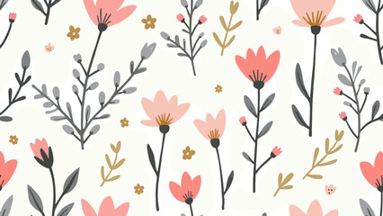 Floral colorful seamless Pattern. Hand drawn Flowers and branches in Scandinavian style. Cute Spring summer plants botanical Background