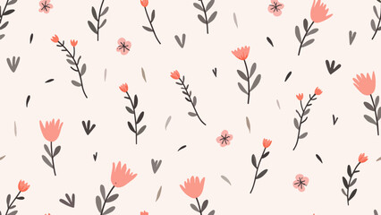 Seamless pattern with flowers, Hand drawn Flowers and branches in Scandinavian style