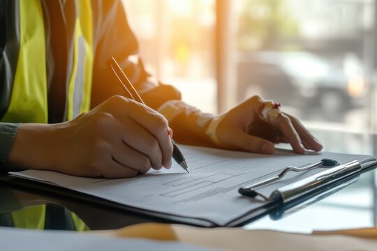 Worker completes accident report following workplace injury during office hours