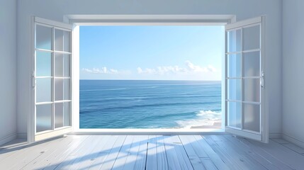 An opened window with ocean view, Generative AI illustrations.