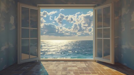 An opened window with ocean view, Generative AI illustrations.