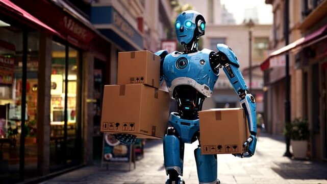 A blue robot carrying three boxes walks through a bustling street lined with shops and caf&eacute;s