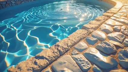 Obraz premium The edge of the pool on a bright day. Aerial view, blank space.