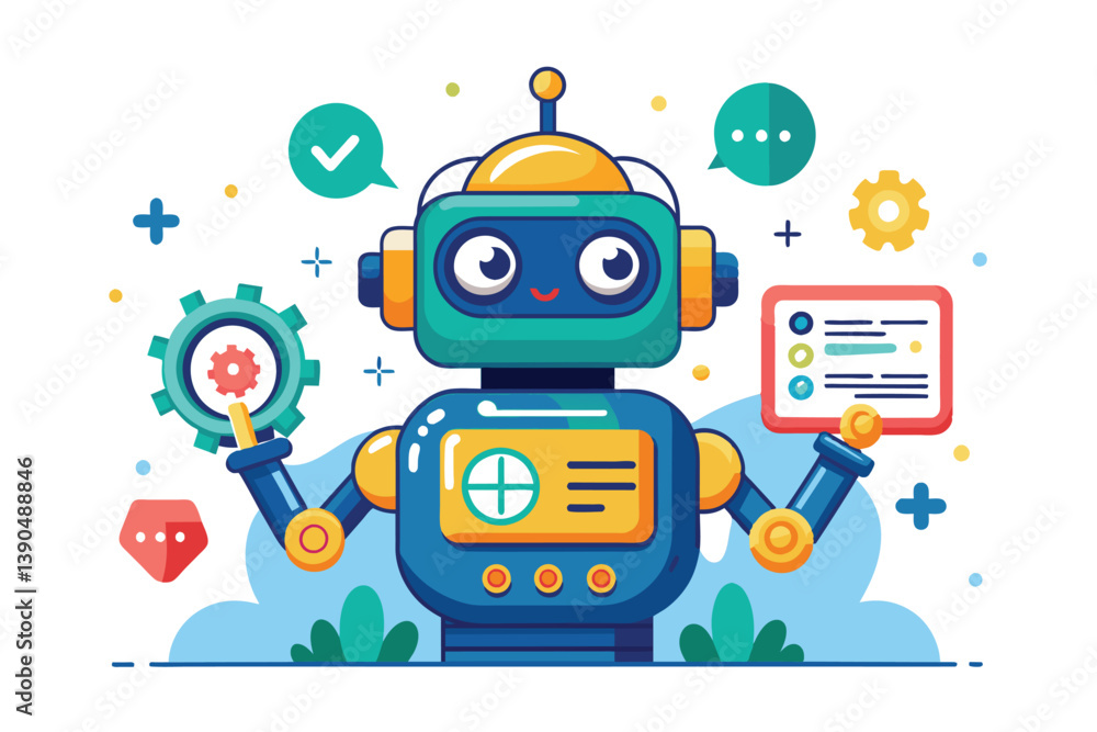Poster a cheerful cartoon robot holds a gear in one hand and a tablet displaying information in the other, 