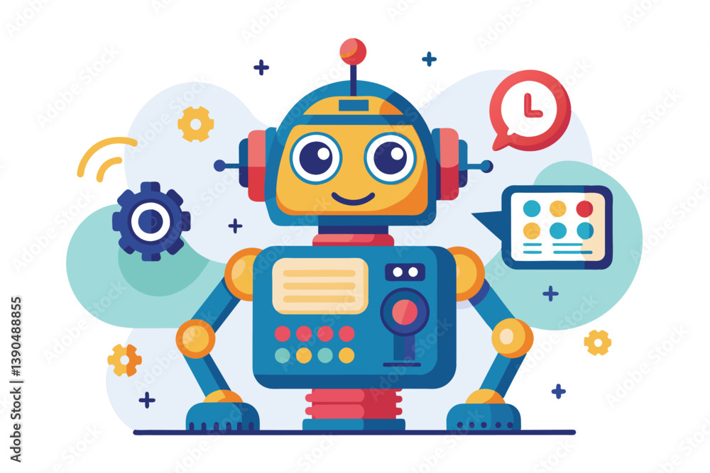 Poster the cartoon robot, designed with vibrant colors, interacts with various tech elements like gears and