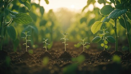 Soybean development in farm with green leaf backdrop. Agriculture planting growth stage concept.