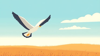 Seagull soaring over golden field.