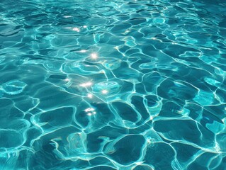 Obraz premium Rippling turquoise water with sun reflecting, creating sparkling star-like highlights across the surface, showcasing fluidity and movement with intricate light patterns