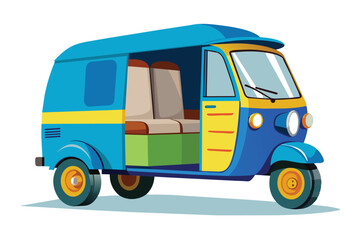 Fototapeta premium The auto rickshaw features a bright blue and yellow exterior with spacious seating, typical of urban transport seen during sunny days.
