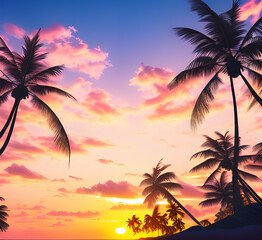 Obraz premium Palms silhouettes at neon sunset sky.Night landscape with palm trees on beach. Creative trendy summer tropical background,Vacation travel Retro,synthwave,retrowave style.Rave party,generative ai