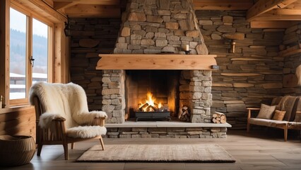 A rustic living room featuring a large stone fireplace with a wooden mantel