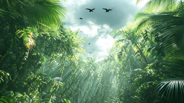 Lush tropical rainforest scene with sunlight streaming through canopy, birds in flight