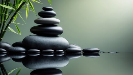 Obraz premium Spa still life featuring zen stones and bamboo leaves.